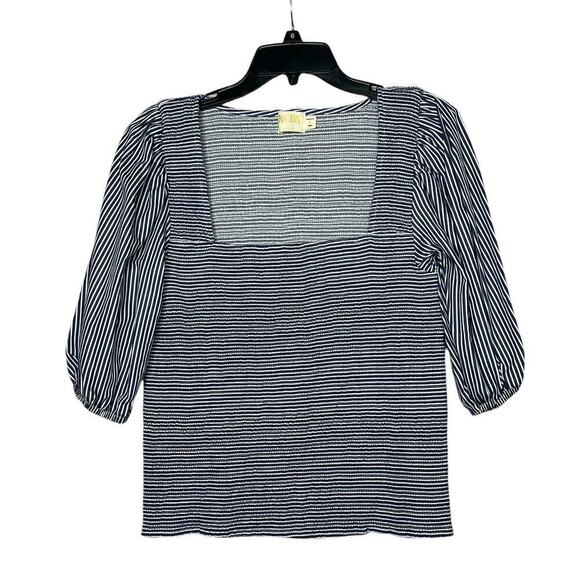 Nation LTD Samira Smocked Tee Navy Stripe Puff Sleeve Top Size Large New - Picture 3 of 12